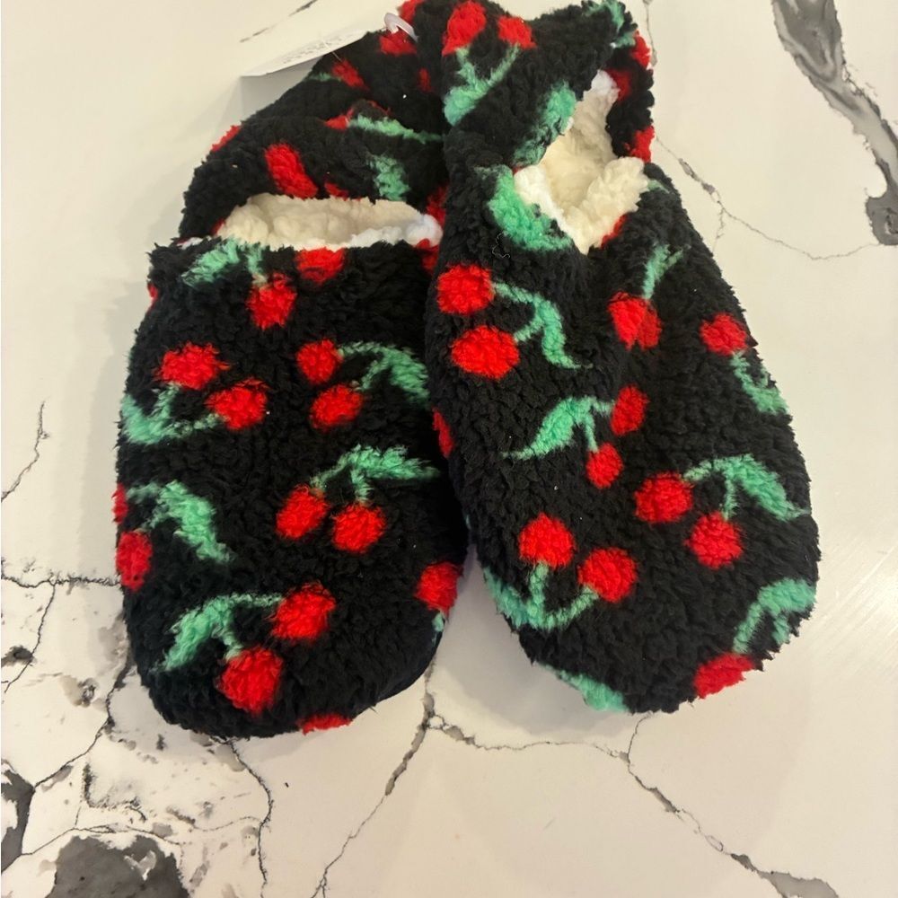 Fuzzy Black Slipper Socks with Red and Green Dots